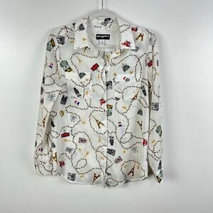 Karl Lagerfeld Paris France Gold Chain Button Front Blouse Long Sleeved Small